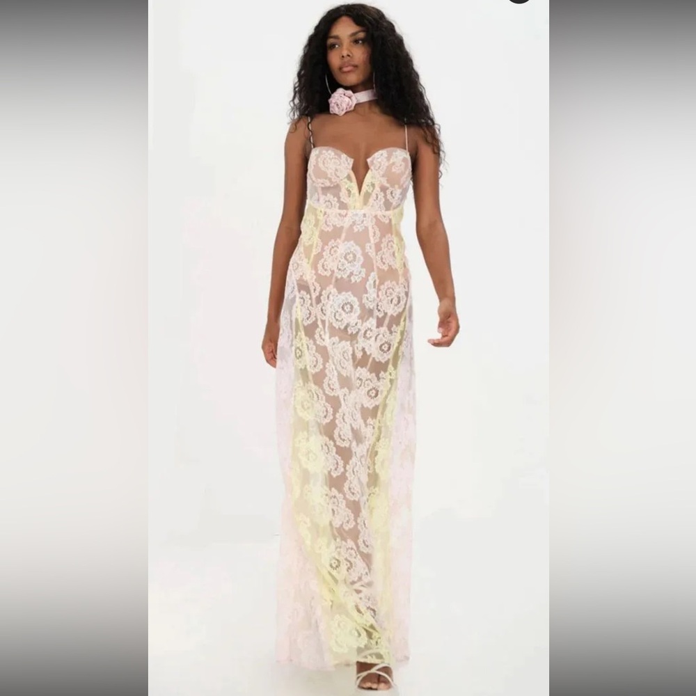 For Love & Lemons Sheer Lace Maxi Dress in Pink and Yellow - Picture 6 of 12
